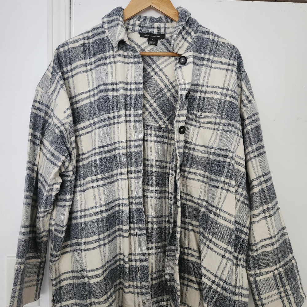 French Connection Grey and Cream Plaid Button Down